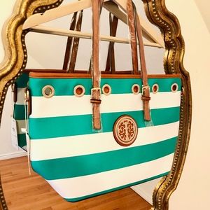 Teal & White Striped Tote/Shoulder Bag
